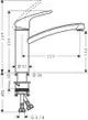 Hansgrohe Einhebel-Küchenmischer mit einem schlanken Design. Das Diagramm zeigt Maße und Anschlussdetails zur Installation in einer Küche.